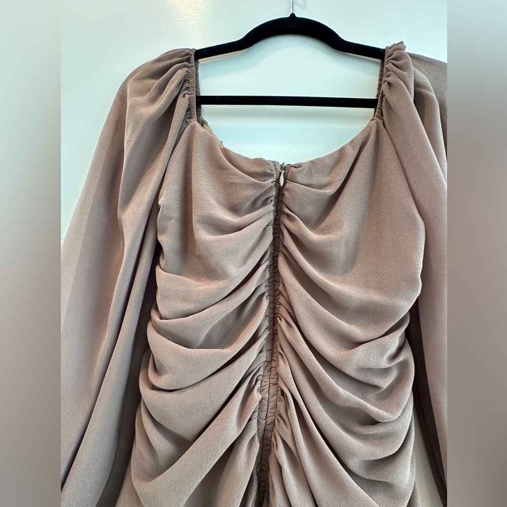 Blush Tan Long Sleeve Ruched Mini Dress | Ruffle Hem | Formal Party | Size M - Picture 9 of 10
